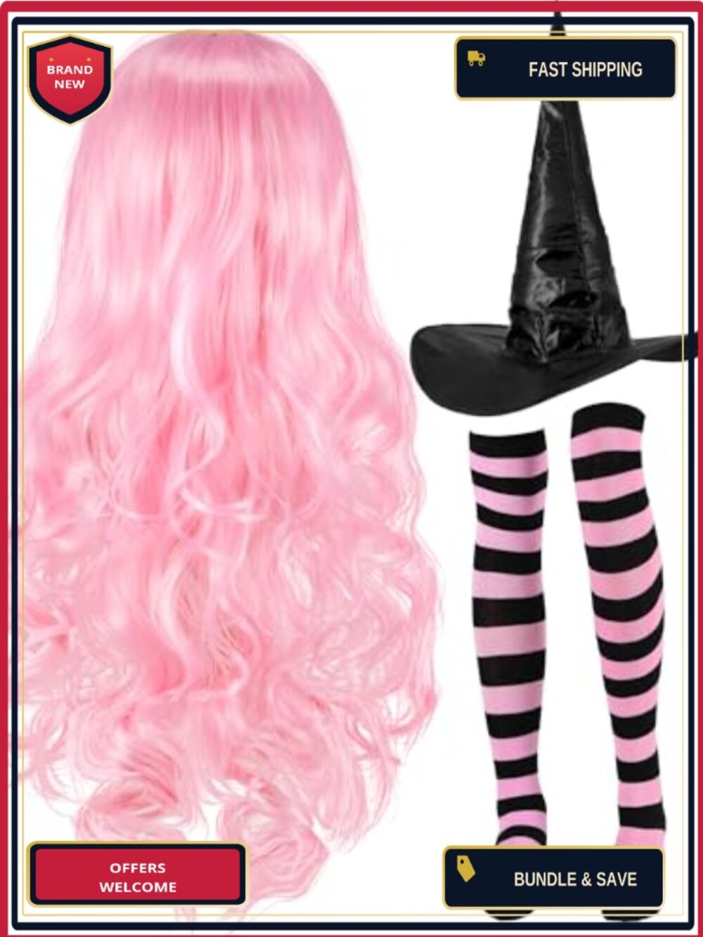 Witch Costume Set Ruched Hat Long Wig Striped Socks Halloween Cosplay